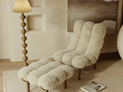 Plush Sheepskin Single Sofa With Matching Ottoman And Wooden Floor Lamp On Soft Rug 3d model