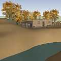 Desert Adobe House With Autumn Trees Wooden Barrels And Tools Under Cloudy Sky