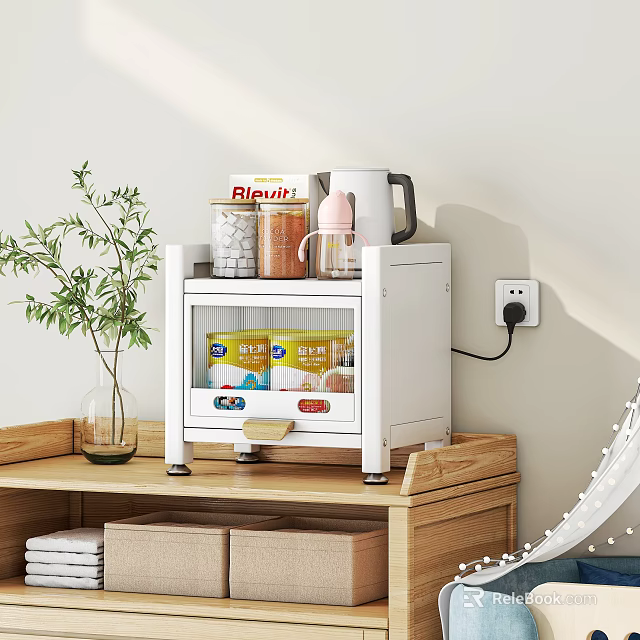 White Electric Storage Cabinet with Transparent Door and Top Items on Wooden Shelf 3d model 