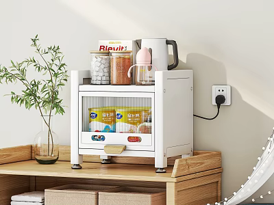 White Electric Storage Cabinet with Transparent Door and Top Items on Wooden Shelf 3d model