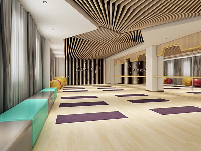 Spacious Yoga Fitness Studio With Wooden Floors Yoga Mats And Mirrors In Bright Modern Design 3d model
