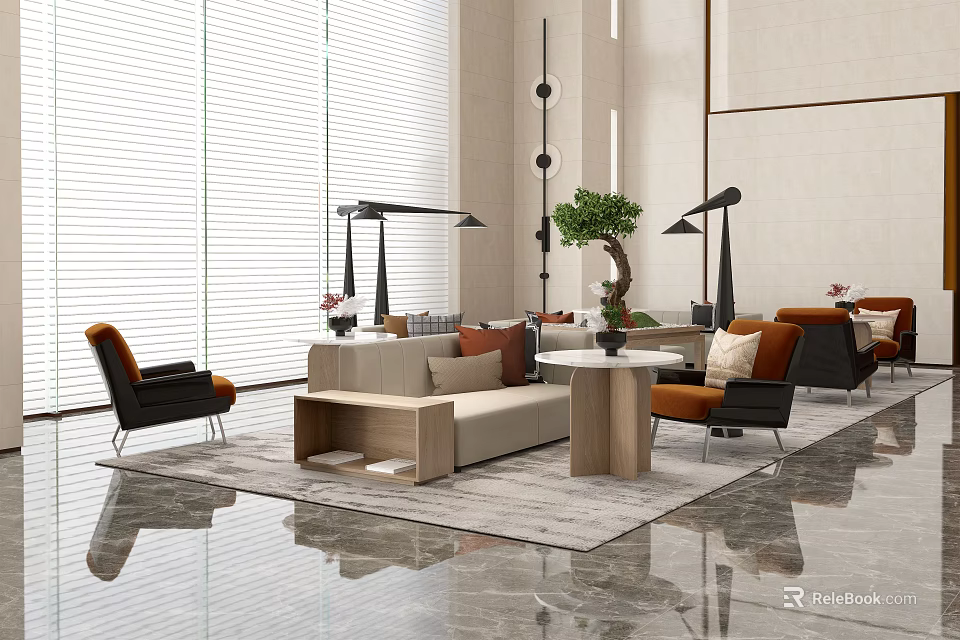 Modern Lobby Sofa And Coffee Table Set With Chairs Green Plant And Floor Lamps 3d model 