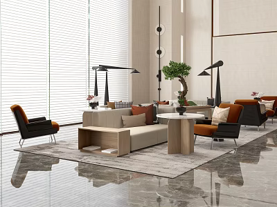 Modern Lobby Sofa And Coffee Table Set With Chairs Green Plant And Floor Lamps 3d model