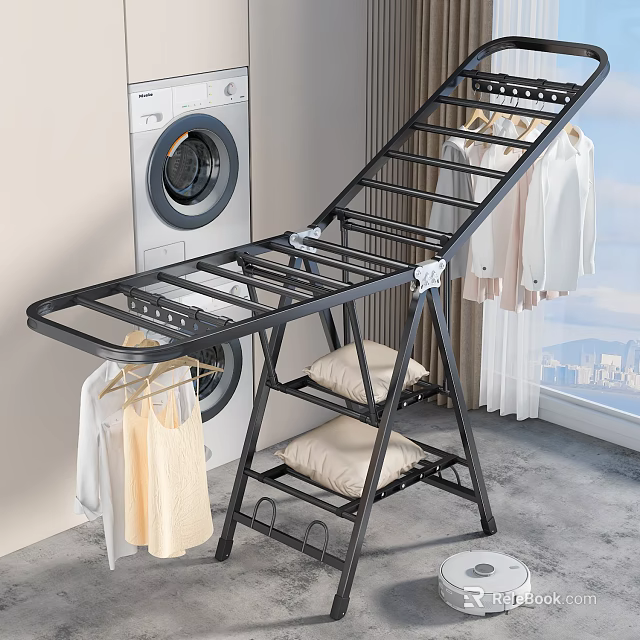 Black Multi Tiered Laundry Drying Rack For Hanging Clothes Pillows Near Washing Machine Window Curtain 3d model 