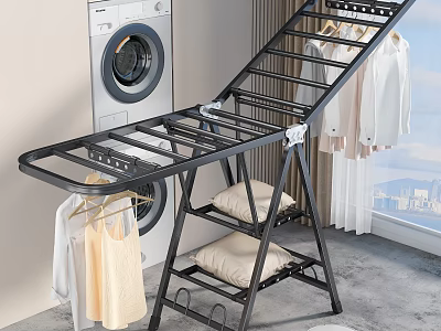 Black Multi Tiered Laundry Drying Rack For Hanging Clothes Pillows Near Washing Machine Window Curtain 3d model