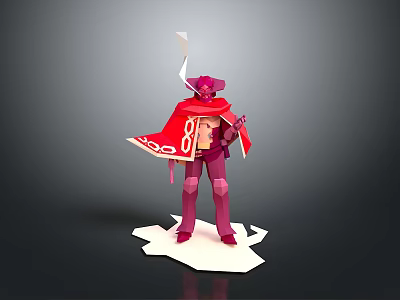 3D Purple Game Movie Character With Red Cape White Patterns Holding Weapon On White Base 3d model