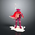 3D Purple Game Movie Character With Red Cape White Patterns Holding Weapon On White Base