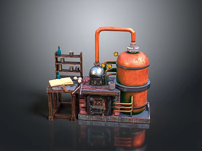 Vintage Industrial Miniature Setup Featuring Orange Container Metal Apparatus Pipes And Wooden Shelf 3d model