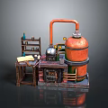 Vintage Industrial Miniature Setup Featuring Orange Container Metal Apparatus Pipes And Wooden Shelf