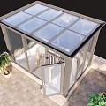 Villa Balcony With Glass Roof Walls Rooftop Terrace Beige Parasol Black Chair And City View