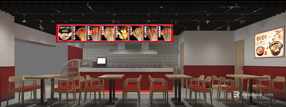 Red And White Restaurant Interior With Food Displays Tables Chairs And Kitchen Area 3d model 