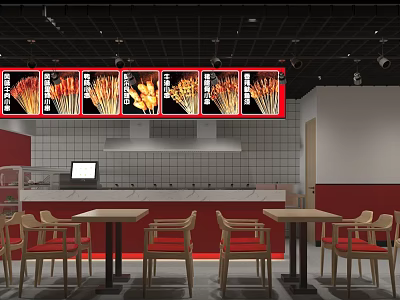 Red And White Restaurant Interior With Food Displays Tables Chairs And Kitchen Area 3d model