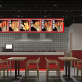 Red And White Restaurant Interior With Food Displays Tables Chairs And Kitchen Area