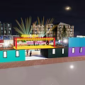 Vibrant Commercial Street Night Scene with Bright Lighting Shops Pedestrians and Cars