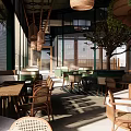 Cozy Café Interior Featuring Wooden Tables Chairs Hanging Green Plants And Colorful Decor
