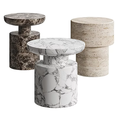 Three Modern Minimalist Side Tables With Round Marble Tops And Cylindrical Bases 3d model