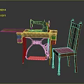 Vintage Sewing Machine On Wooden Worktable With Comfortable Wooden Chair