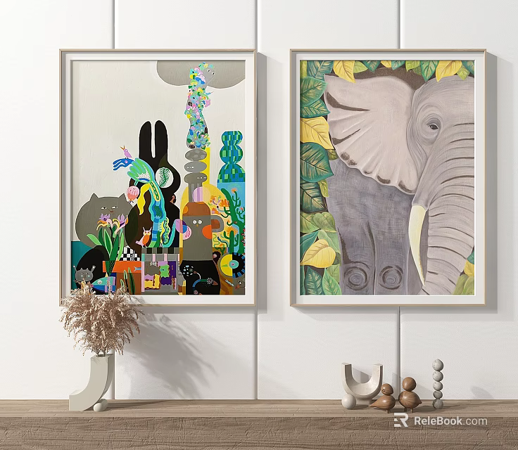 Wall Decor with Two Framed Artworks Abstract Colorful Design and Elephant Leaf Pattern 3d model
