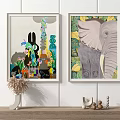 Wall Decor with Two Framed Artworks Abstract Colorful Design and Elephant Leaf Pattern 3d model
