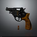 Vintage Revolver Detailed View With Metal Body Brown Wooden Grip And Single Bullet