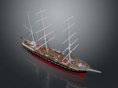 Classic Tall Sailing Ship Model With Multiple Masts Red Hull And Deck Details 3d model