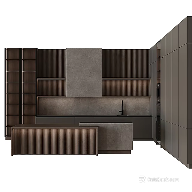Modern Dark Kitchen Interior With Ribbed Backsplash Island Counter And Cabinets 3d model