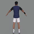 Man Tennis Player in Blue Shirt White Shorts with Cap Wristband and Arms Outstretched