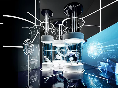 Modern Futuristic Exhibition Hall With Transparent Display Cases Illuminated Lines Blue Projections And 3d model