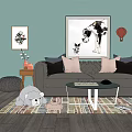 Gray Double Sofa with Black and Pink Pillows Wall Art Side Table and Patterned Rug 3d model