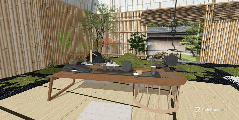 Zen Style Tea Set On Wooden Table With Garden View And Stone Elements 3d model 