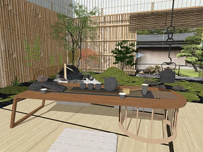 Zen Style Tea Set On Wooden Table With Garden View And Stone Elements 3d model
