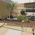 Zen Style Tea Set On Wooden Table With Garden View And Stone Elements