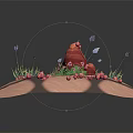 Cartoon Scene With Pink Rocks Blue Flowers Red Berries And Green Grass On Round Platforms