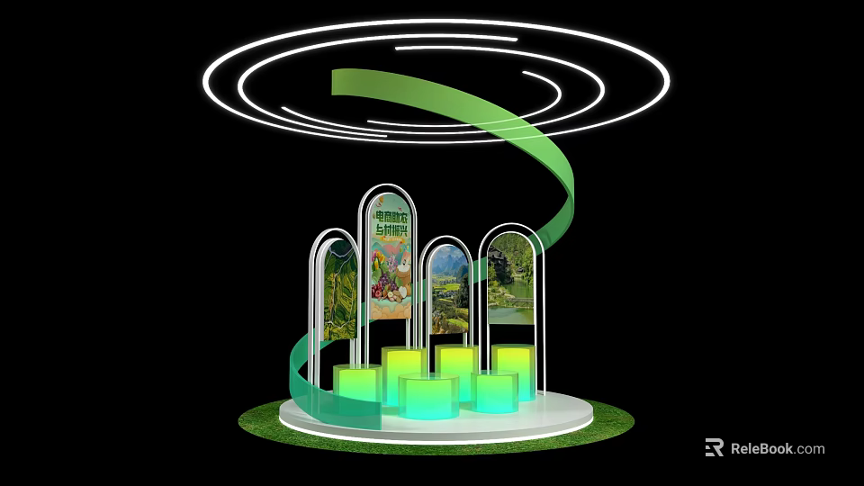 Exhibition Island With Spiral Green Light Strips Arched Display Windows Landscape Paintings Colorful Cube Stands 3d model 