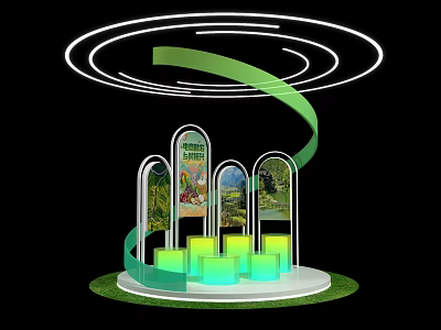 Exhibition Island With Spiral Green Light Strips Arched Display Windows Landscape Paintings Colorful Cube Stands 3d model