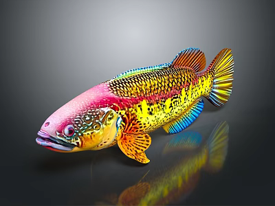 Vibrant Colorful Fish With Pink Head Yellow Body And Blue Fins On Dark Background 3d model