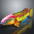 Vibrant Colorful Fish With Pink Head Yellow Body And Blue Fins On Dark Background