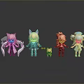 Cute Anime Style Character Figurines With Cat Ears Colored Hair And Small Dog