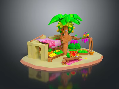 Fresh Assorted Fruits on Wooden Stall with Mango Palm Tree and Vegetables 3d model