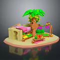 Fresh Assorted Fruits on Wooden Stall with Mango Palm Tree and Vegetables