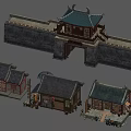 Cartoon Scene Of Traditional Chinese City Gate Tower And Houses With Details