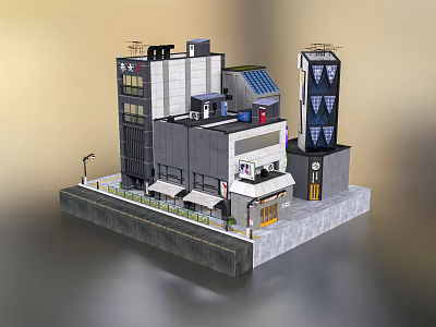 Modern Commercial Complex With Multi Storey Buildings Retail Storefronts And Street Lamps 3d model