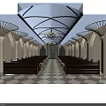 Sacred Church Sanctuary With Stained Glass Windows Arched Columns Wooden Pews And Chandelier