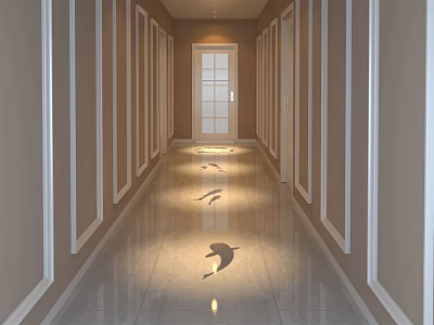 Modern Elevator Hallway With Smooth Marble Floor And White Wall Trim Lighting 3d model