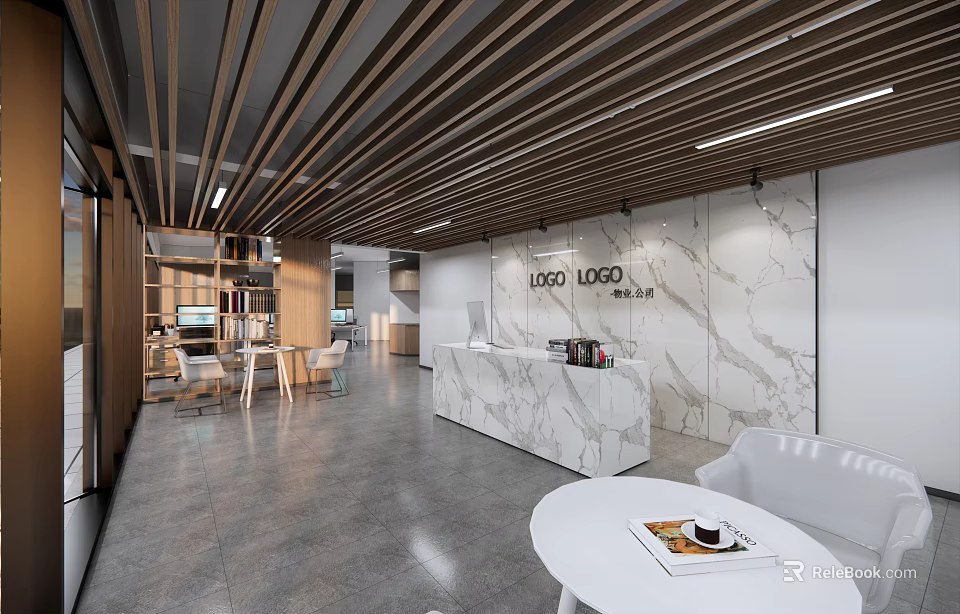 Elegant Modern Office Interior With Marble Reception Desk Wooden Ceiling And Furniture 3d model 