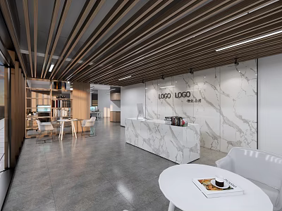 Elegant Modern Office Interior With Marble Reception Desk Wooden Ceiling And Furniture 3d model