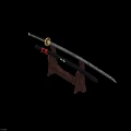 Traditional Japanese Katana on Wooden Display Stand with Red String Handle Wrapping and Black Scabbard Golden Emblem