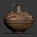 Ancient Amphora With Double Handles And Red Black Geometric Patterns On White Circular Base 3d model