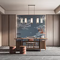 Chinese Style Study Room Interior With Wooden Walls Blue Painting Cloud Patterns And Round Stools