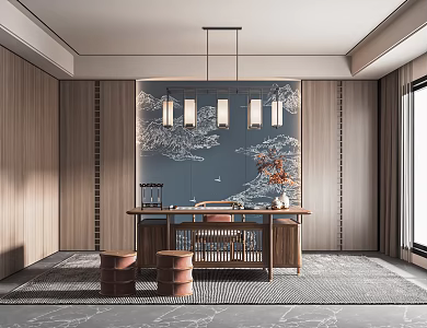 New Chinese Style Study Tea Room Desk and Chair Writing Desk Bookcase Desk Leisure Chair Decorative Cabinet 3d model